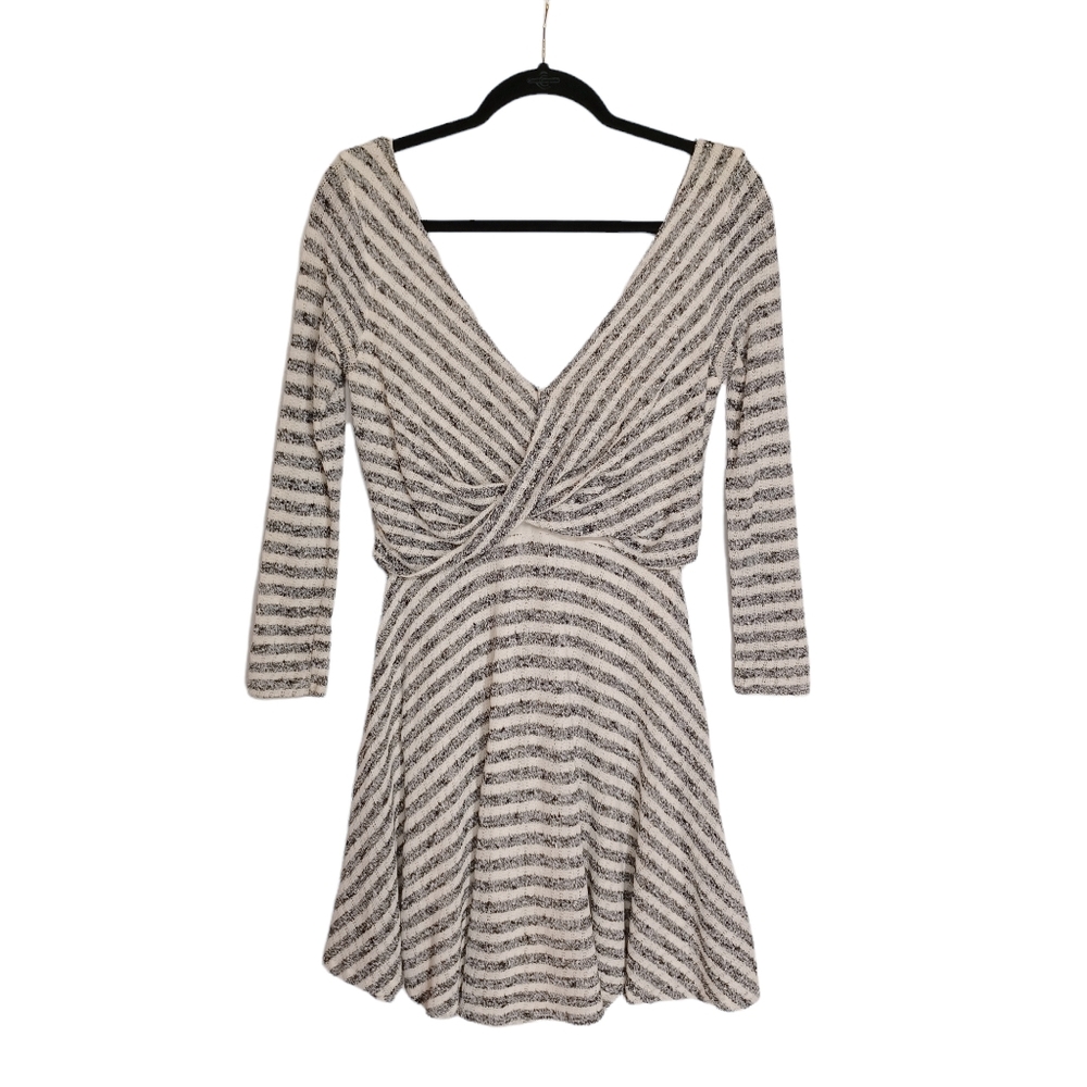 FREE PEOPLE Gray White Stripe Criss Cross Fit & Flare Dress Small